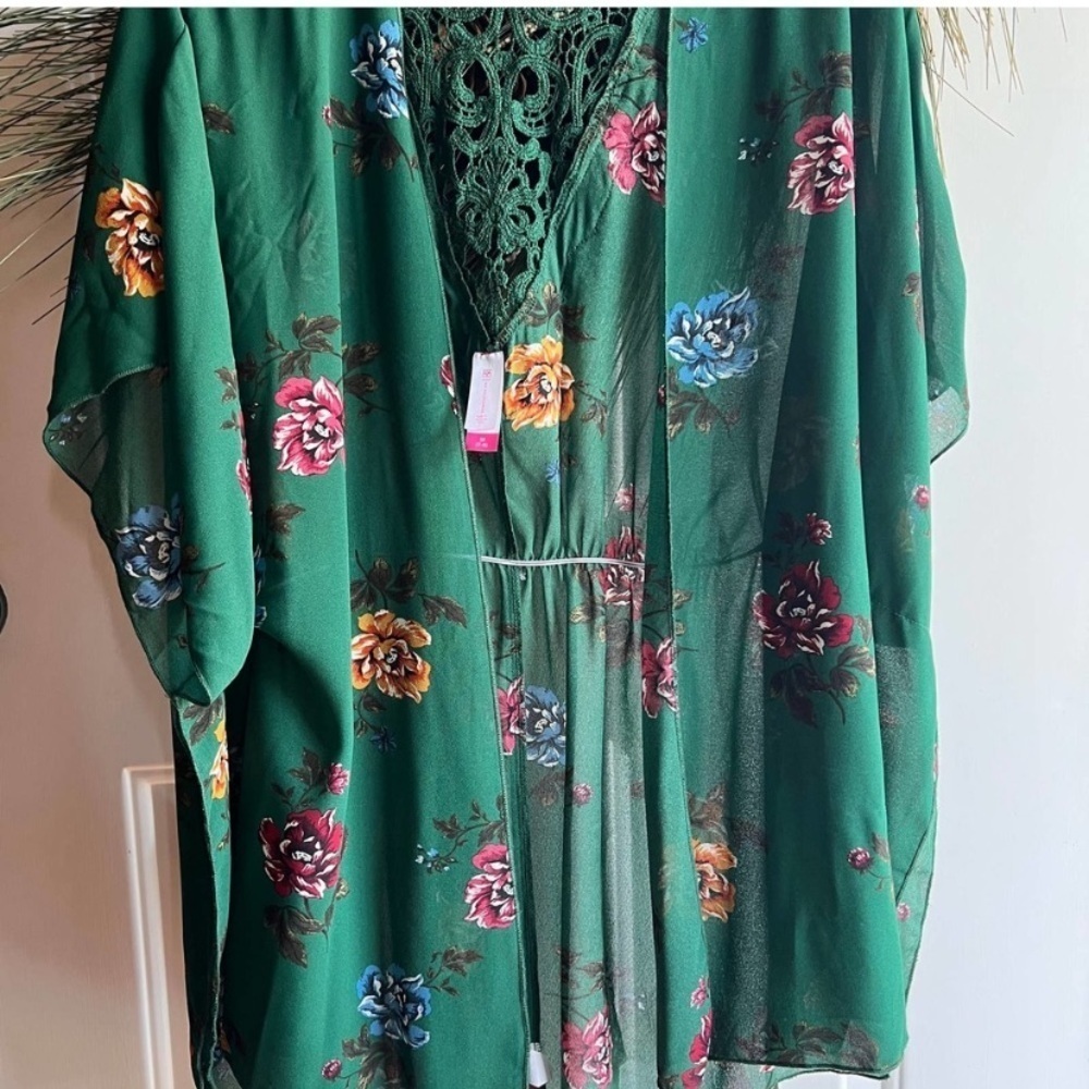 Womens Green Floral Open Duster/Coverup Size Medium - Picture 2 of 12
